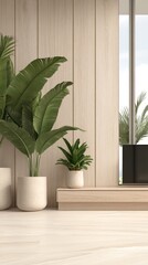 A tranquil living space featuring light wood textures, large plants in minimalist pots, and abundant natural light enhancing the serene atmosphere