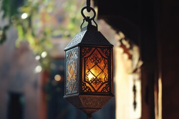 A traditional lantern with a lit candle inside