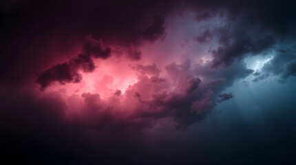 Obraz premium Dramatic storm clouds with a burst of pink light amidst a dark, moody sky, creating a powerful and atmospheric scene.