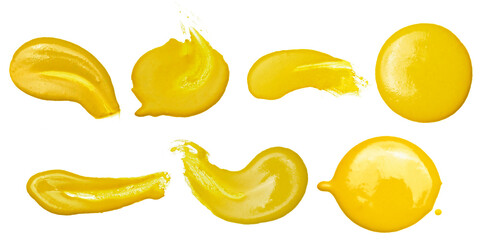 Variation of yellow acrylic stain elements with brush and paint texture hand-drawn on a white background. Acrylic brush strokes abstract fluid liquid ink pattern