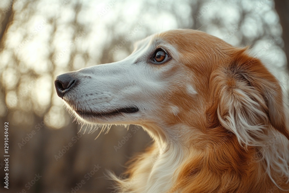 Poster a close-up shot of a dog's face with trees in the background, ideal for use in pet-themed designs or