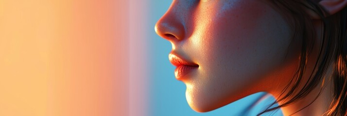 3d background minimalistic mockup with space for text, painterly close-up of a young womanâ???s delicate facial features