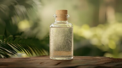 Obraz premium A glass bottle with a cork lid containing a clear liquid, placed on a wooden surface surrounded by vibrant greenery.