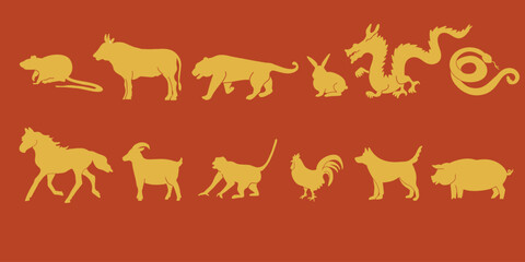 Chinese zodiac with 12 animal signs, silhouettes for the new year. Twelve symbols of eastern horoscope, golden rabbit, tiger, dragon, snake and horse, pig, monkey, rat. Hand drawn vector illustration.