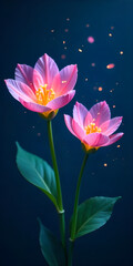 Two pink tulips with yellow pistils and green stems and leaves, on a dark blue background with bokeh effect