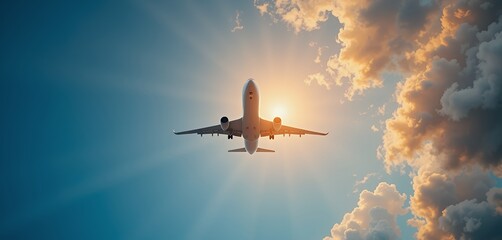 Airplane Flying Towards the Bright Sun in a Blue Sky with Clouds