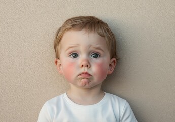 Fototapeta premium Sad toddler with big expressive eyes and short blonde hair, looking directly at the camera against a soft neutral background, evoking feelings of empathy and concern