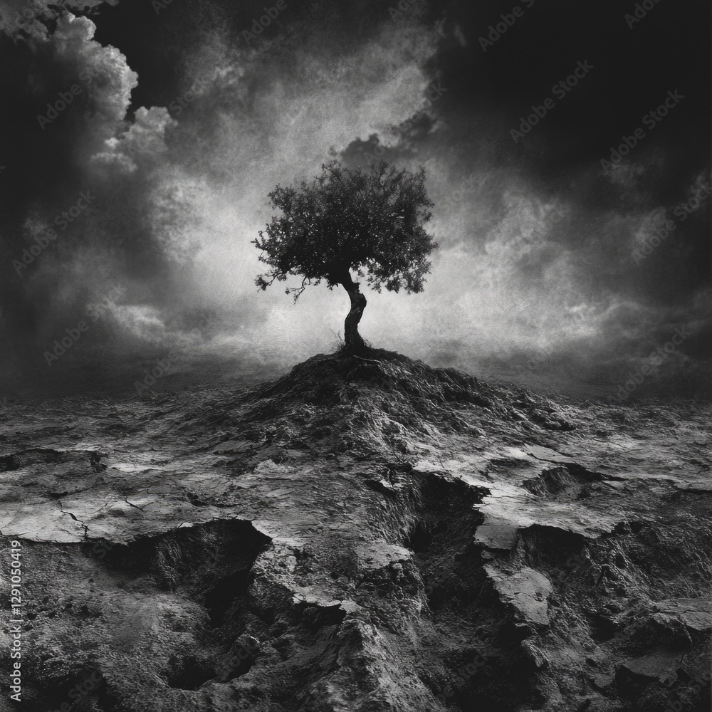 Poster a single tree stands alone against a monochrome background