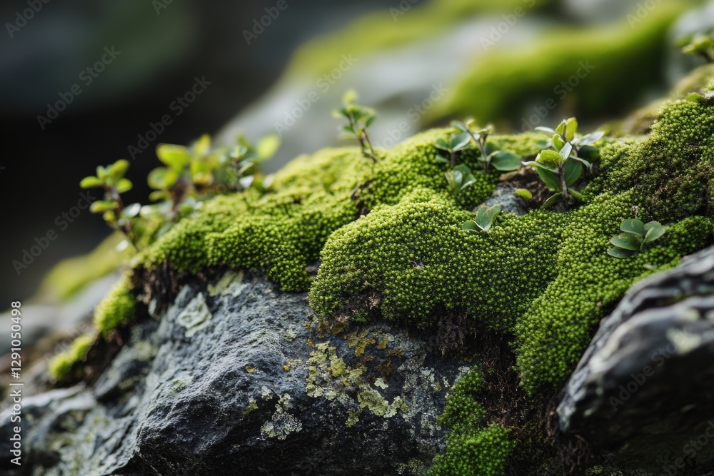 Poster a close-up view of a moss-covered rock with lichen and greenery