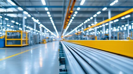 Fototapeta premium Vacant factory production line with automated equipment and safety measures