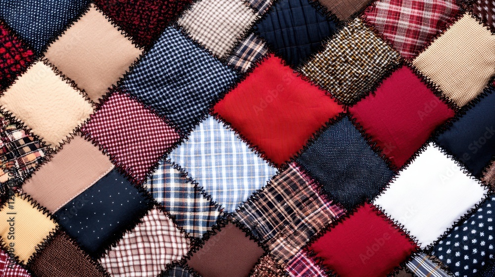 Poster a colorful patchwork of various fabric squares in different patterns and colors, creating a visually