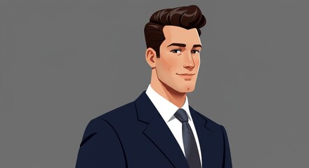 Stylish Businessman Portrait Illustration in a Dark Suit and Tie on Grey Background, Perfect for Professional Branding and Corporate Design