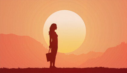 Silhouette of woman holding bag at sunset, March 8, International Women's Day, Mother's Day, Valentine's Day