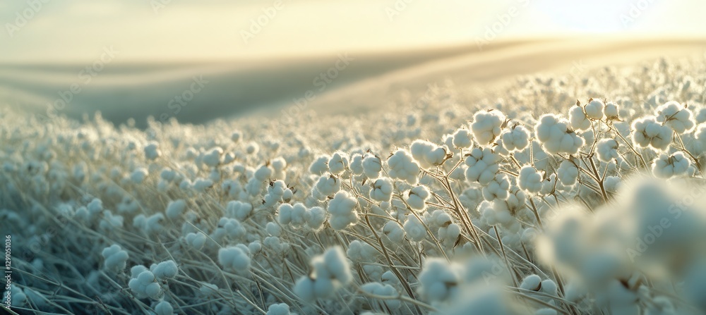 Poster Serene Fields of Cotton Flowers Under Soft Sunrise Light with Gentle Waves of Nature in the Background Creating a Calm Atmosphere