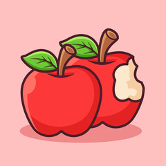illustration of two fresh red apples with stems and green leaves, one bitten apple and one whole apple