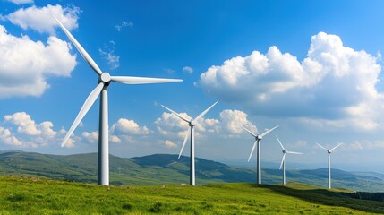 A serene landscape featuring multiple wind turbines against a bright blue sky and fluffy clouds, symbolizing renewable energy and sustainability.