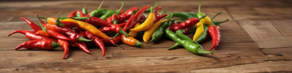 Freshly picked beautiful chilli peppers on a wooden table, natural, chilli, peppers