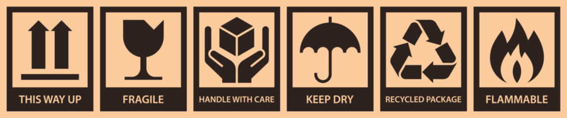 Packaging sign set - this way up, fragile, handle with care, keep dry, recycled package and flammable.