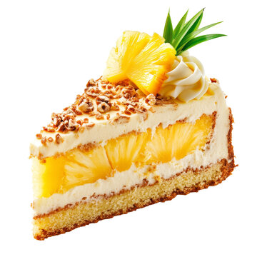 Delicious pineapple cake slice garnished with fresh pineapple and cream on a clean, bright background, pineapple cake slice on a clean background, format with clipping path