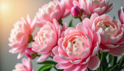 Pink peonies flowers in soft sunlight, March 8, International Women's Day, Mother's Day, Valentine's Day