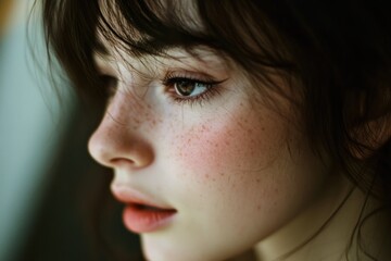 A close-up shot of a woman's face with visible freckles, great for beauty or lifestyle concepts