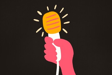Illustration of a hand holding a glowing microphone