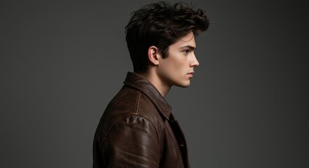 Obraz premium Stylish Portrait of a Young Man in a Leather Jacket with a Serious Expression, Perfect for Fashion and Lifestyle Concepts
