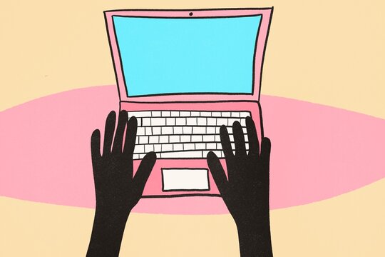 Hands typing on a laptop in a stylish illustrative design