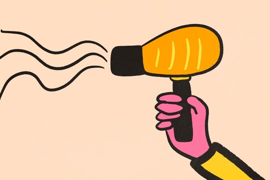 Illustration of hand holding a yellow hair dryer on soft background