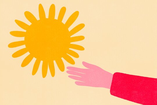 Illustration of hand reaching towards a stylized sun