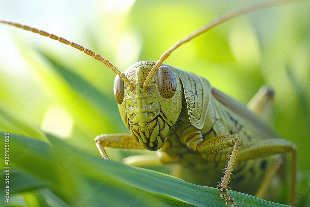Poster a close-up shot of a grasshopper sitting on a leaf, showing its details