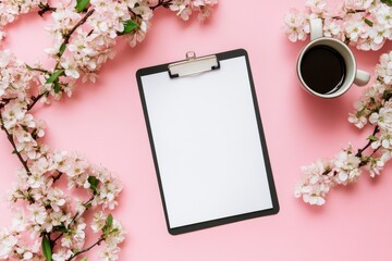 blank white A4 paper on a black clipboard, against a pink background, in a flat lay composition.
