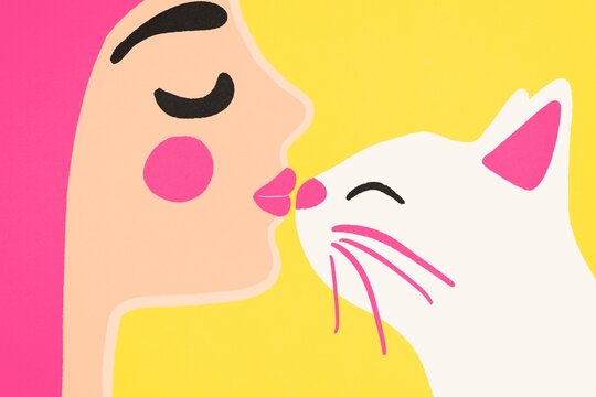 Woman kissing a white cat, colorful illustration