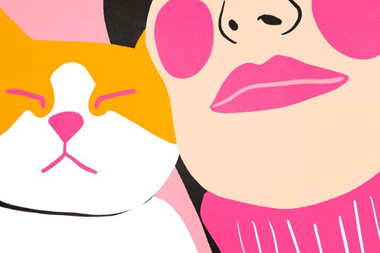 Vibrant illustration of woman with a white and yellow cat