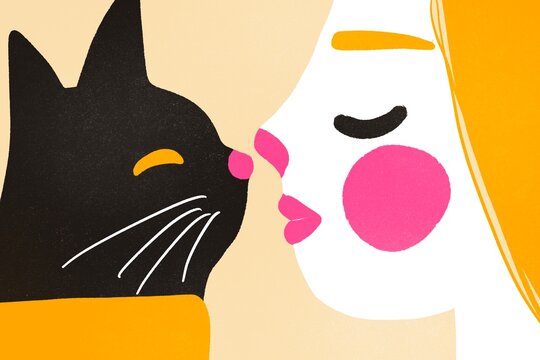 Woman touching nose of a cat, colorful abstract illustration