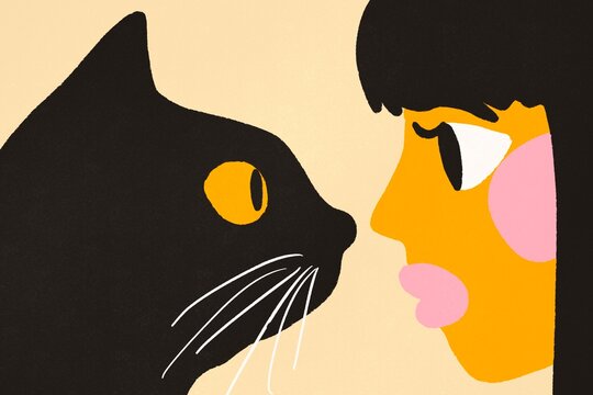 Woman and black cat face-to-face in modern art style