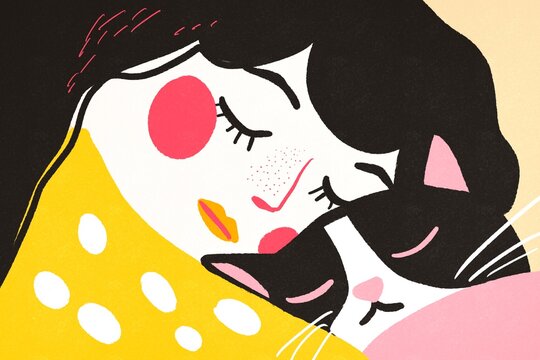 Tender moment between woman and black cat cuddled