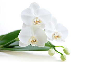 A delicate white orchid with soft petals and green leaves, isolated