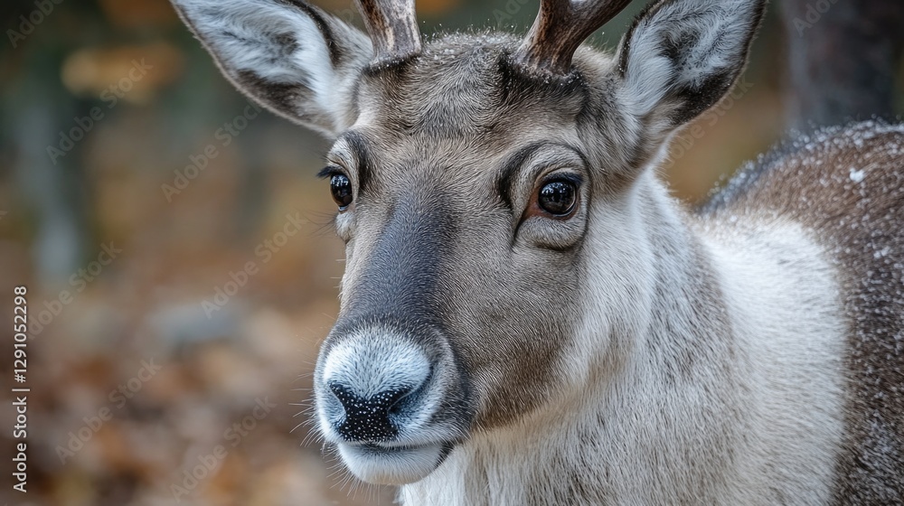 Poster a close-up view of a deer's face in the woods, suitable for use in wildlife or nature-themed project
