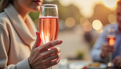 Woman toasting with champagne at sunset, March 8, International Women's Day, Mother's Day, Valentine's Day