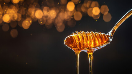 Close-Up of Honey Dripping from a Spoon with Sparkling Bokeh Background in Warm Tones
