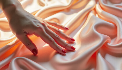Elegant hand touching silky fabric in soft pastel tones, March 8, International Women's Day, Mother's Day, Valentine's Day