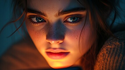 A teenage girl with her hair pulled back, the light from her phone accentuating her thoughtful expression