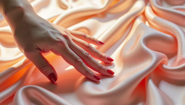 Elegant hand touching silky fabric in soft pastel tones, March 8, International Women's Day, Mother's Day, Valentine's Day