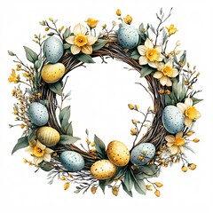Watercolor illustration, willow wreath, flowers and Easter eggs