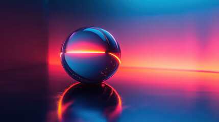 Modern abstract sphere with glowing neon lights reflecting on a shiny surface in vibrant color gradient