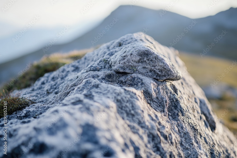 Poster a close-up view of a rock with a mountain landscape in the background, ideal for use in outdoor or t