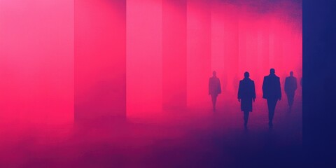 Fototapeta premium Silhouettes of figures emerge from a vibrant fog, illuminated by pink and blue hues, creating a mysterious and atmospheric scene.