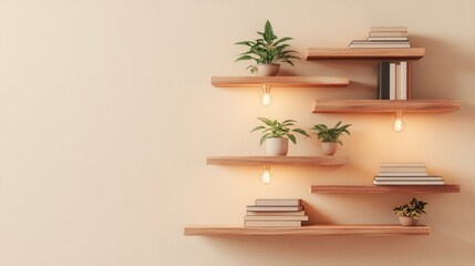 Sleek wooden shelves display various plants and books, complemented by warm lighting, creating a cozy and inviting atmosphere in the room