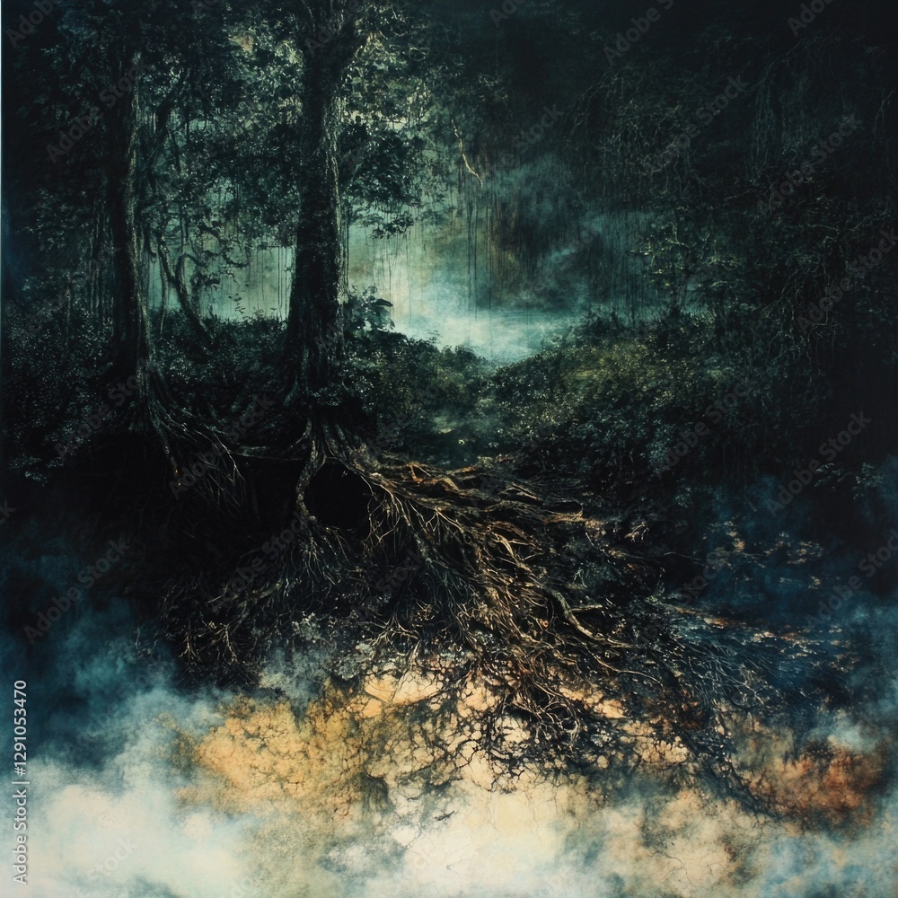 Poster a solitary tree stands tall in the midst of a dense forest, surrounded by lush greenery and dappled 